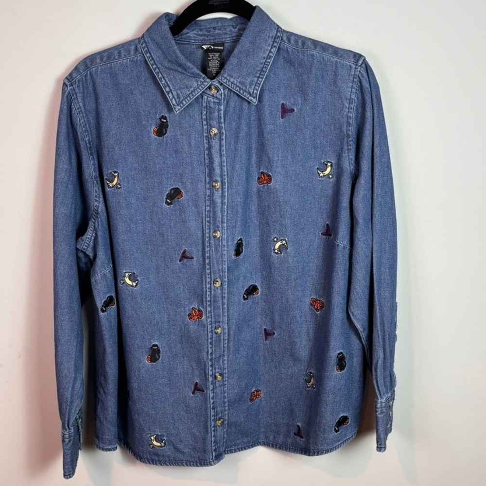 Vintage Womens Denim Embroidered Halloween Pattern Button up Blouse sz 1X 90s